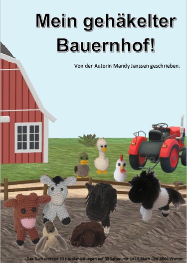 Titelseite einer Häkelanleitung mit gehäkelten Bauernhoftieren vor Scheune und Traktor