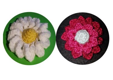 Zwei gehäkelte Blumen, weiße Margerite mit gelbem Kern und pinkfarbene Blüte mit weißer Mitte.
