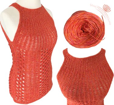 Mannequin mit gehäkeltem orangefarbenem Top, Vorder- und Seitenansicht neben einem Garnknäuel in ähnlichen Farbtönen