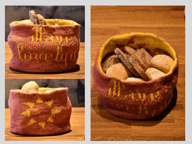 rundes gestricktes utensilo rosa gelb gef
llt mit brot und br
tchen