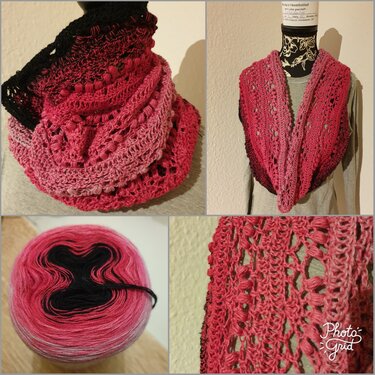 Collage: gehäkelter Loop in Rosa bis Schwarz; Garnkuchen und Maschendetail; Loop auf Schaufensterpuppe