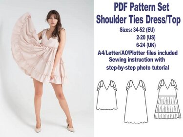 V-neck Shoulder Tie Dress Sewing Pattern PDF Tiered Dress Sewing Pattern