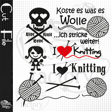 Schwarz-weiße Plottgrafiken zum Thema Stricken mit Schädel, Strickfigur, Wollknäueln, Nadeln und Schriftzügen
