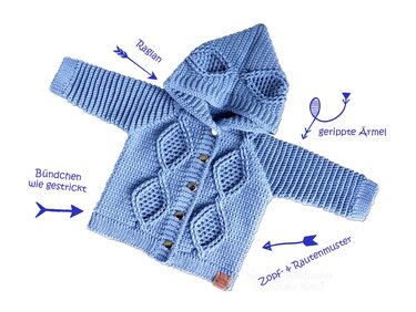 Baby & children's jacket "Jan", size 0 m.- 5 y. (raglan, cable stitch) - Crochet