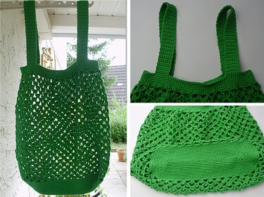 Grüne gehäkelte Netztasche mit breiten Trägern und festem Boden, hängend.