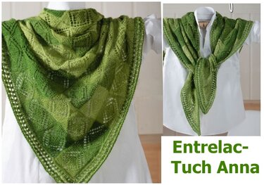 Gestricktes Entrelac-Dreieckstuch in verschiedenen Grüntönen mit deutlich sichtbarem Entrelac- und Lochmuster, auf einer Schneiderpuppe drapiert.