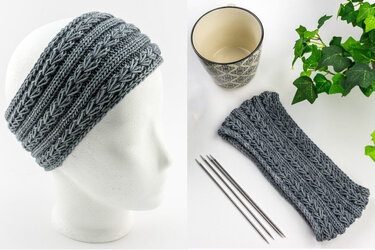 Grey knitted headband with textured stitch on mannequin, with flat swatch and knitting needles