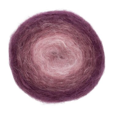 rundes Verlaufsgarn-Knäuel in Rosa und Violett mit flauschiger Struktur