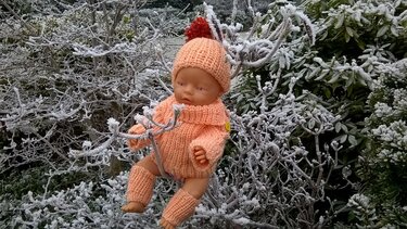 Babypuppe in pfirsichfarbenem, gestricktem Mützchen mit Bommel, Rollkragenpullover und Stulpen auf raureifbedecktem Strauch