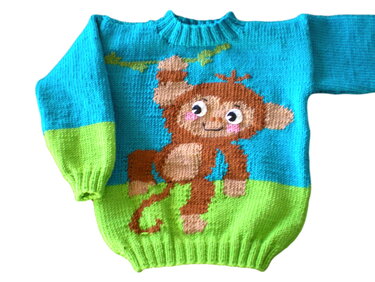 Gestrickter türkis-grüner Kinderpullover mit Affenmotiv und hellgrünem Unterteil