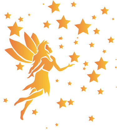 Orangefarbene Elfen-Silhouette mit Flügeln, umgeben von verschiedenen Sternen