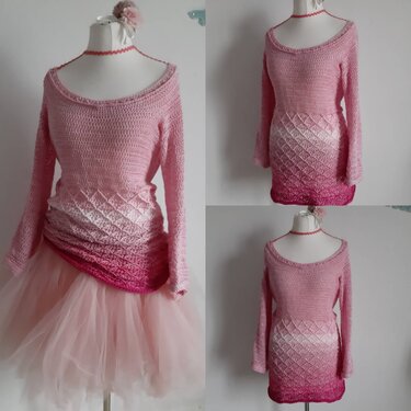 Rosa gehäkelter Damenpullover mit breitem Rundhals und diamantförmiger Struktur am Saum an Schaufensterpuppe