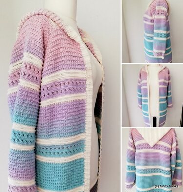 Häkeljacke mit Kapuze, gestreiften Pastellzonen und Zierlochreihen