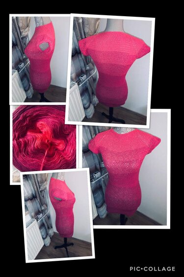 Rosa‑rotes, verlaufendes gehäkeltes Damen‑Shirt auf Schneiderpuppe mit Garn‑Nahaufnahme