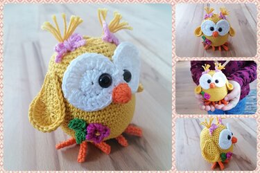 Gelbes gehäkeltes Amigurumi-Eulenküken mit großen weißen Augen und orangefarbenem Schnabel auf Holztisch