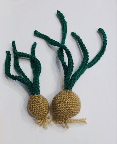 Zwei gehäkelte Zwiebeln in Hellbraun mit langen grünen Blättern auf hellem Hintergrund.