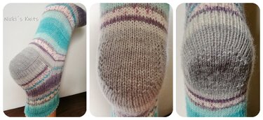 Gestrickte Socke mit Türkis-, Grau- und Lilastreifen, Fersendetail