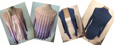 Mehrere Ansichten von langen, gerippten Damen-Cardigans und Pullovern in Ombré und Blau, Vorder- und Rückseiten zum Vergleich.