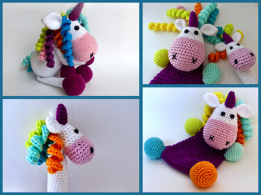 Drei gehäkelte Einhorn-Spielzeuge (Kuscheltier, Schnuffeltuch, Greifling) in Weiß mit bunten Regenbogenakzenten und lila Hörnern.