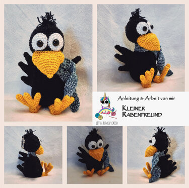 Schwarzer gehäkelter Amigurumi-Rabe mit gelbem Schnabel, gelben Füßen und grauem Schal aus mehreren Perspektiven
