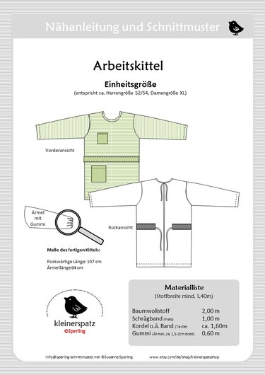 Technische Zeichnung und Materialliste für Arbeitskittel mit Vorder- und Rückansicht, Größenhinweis und Maßen