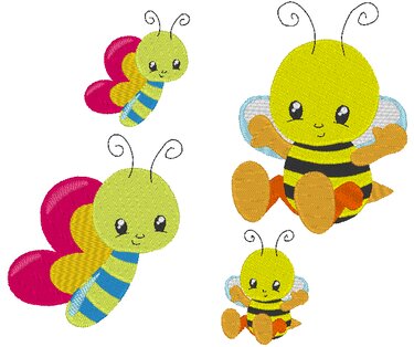 Vier gestickte Kinder-Motive: zwei gelbe Bienen mit schwarzen Streifen und zwei Schmetterlinge mit pinken Flügeln und grünen Köpfen