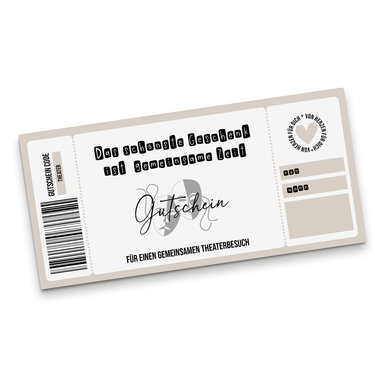 Beige Gutscheinvorlage mit Barcode, stilisierten Theatermasken und Feldern zum Eintragen von Absender und Datum für einen Theaterbesuch