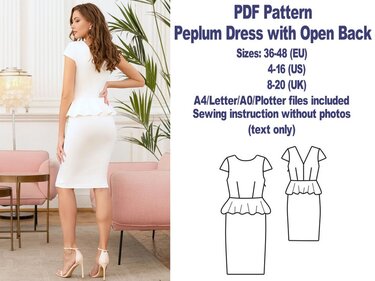 Peplum Dress Pattern Sewing Patterns for Women Open back Dress Pattern PDF