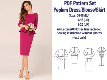 PDF Peplum Dress Sewing Pattern Pencil Skirt Pattern Peplum Blouse Pattern