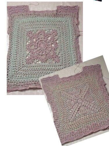 Handgehäkeltes quadratisches Topteil mit Mandala‑Mittelmotiv in Flieder und Mintgrün