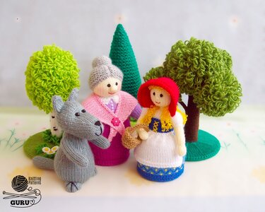 K085 Knitting Pattern - 4 toys set: Doll Girl, Grandpa, Grandma, wolf