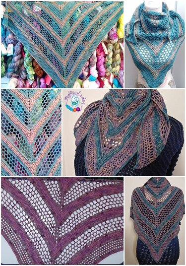 Nahaufnahmen und Trageansichten eines gehäkelten Dreieckstuchs in Türkis-, Beige- und Violetttönen mit Streifen- und Lochmustern.