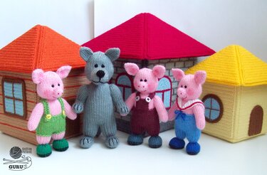K064 Knitting Pattern Full set Knitted Fairy Tale Wolf and 3 little pigs