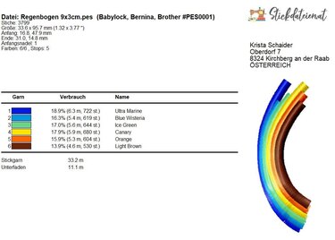 Regenbogen Stickdatei, Rainbow Stickmuster, Bunte Stickvorlage in 3 Größen, - Sticken