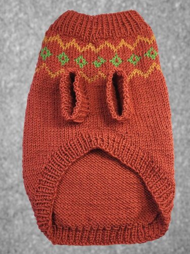 Gestrickter rostorangener Haustierpullover mit gelb-grüner Musterborte und zwei Beinschlitzen