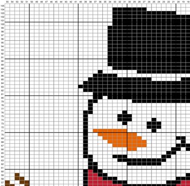 Pixel knitting chart of a snowman face with black top hat and orange carrot nose on a numbered grid