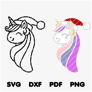 Cutting File Unicorn with Christmas Hat Winter Christmas SVG PNG DXF PDF - Plotting
