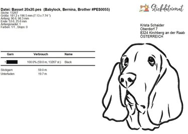 Basset Stickdatei, Hund Stickmuster, Basset Hound Stickdesign in 3 Größen - Sticken