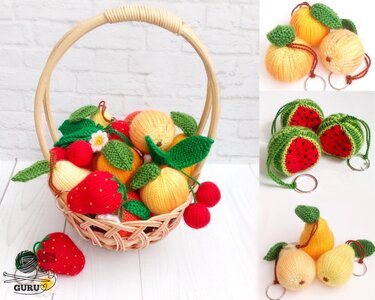 K004 Fruits and Berries key chain or decor Amigurumi Raspberrie Apple Pear - Knitting