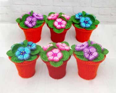 K002 Violets flowers in knitted pots. Window decor home decoration - Knitting