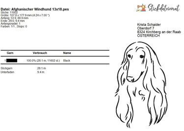 Afghanischer Windhund Stickdatei, Windhund Stickmuster in 3 Größen - Sticken