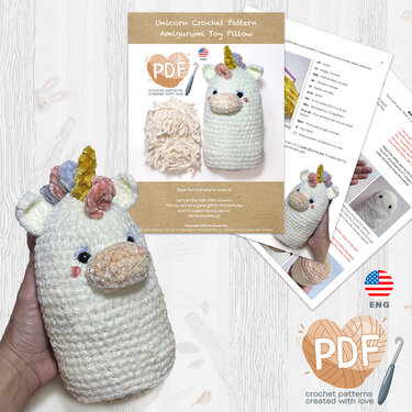 Plush Unicorn Crochet Pattern, Amigurumi Cuddle Toy Unicorn Mini Pillow