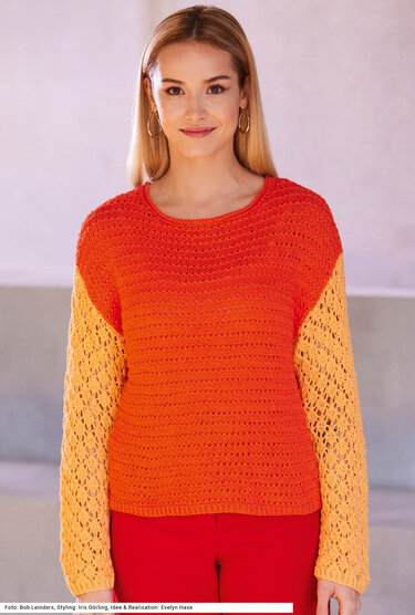 Pulli mit Ajour- und Querrippenmuster in Orange und Korallenrot - Stricken