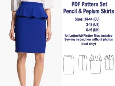 Pencil Skirt Pattern Peplum Skirt Pattern PDF Sewing Patterns Skirts