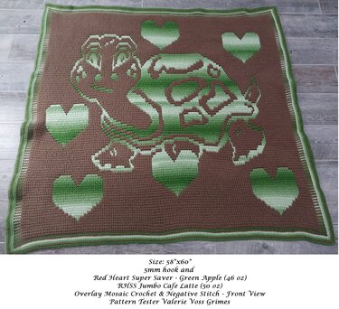 Brown crochet blanket with green overlay mosaic turtle and heart patterns