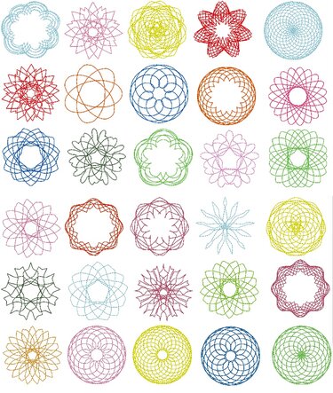 Raster mit 30 bunten, kreisförmigen und blumenähnlichen Stickmotiven auf weißem Hintergrund.