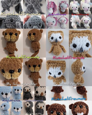 Collage aus gehäkelten Mini‑Amigurumi‑Schlüsselanhängern (Eulen, Bären, Einhörner, Seehunde) aus plüschigem Garn, Nahaufnahmen
