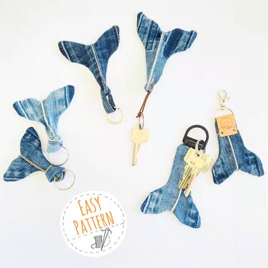 Whalefin keychain pattern, recycle waistband from old jeans - Sewing