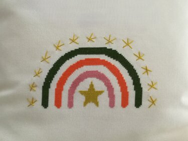 Kreuzstichvorlage zur Geburt mit Regenbogen und Spruch "Sei wild, frei .." - Sticken