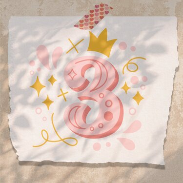 Rosa Zahl 3 mit goldener Krone, Sternen und dekorativen Punkten auf gerissenem Papier